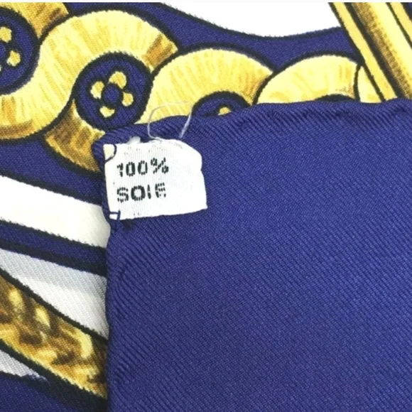 HERMÈS BRIDE DE COUR SILK SCARF CARRÉ 90 NAVY GOLD VINTAGE + HARD BOX - Picture 8 of 8